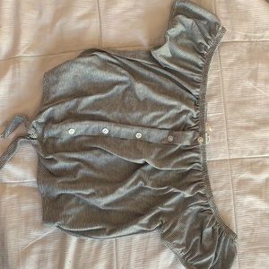 off-the-shoulder, front tie buttoned crop top